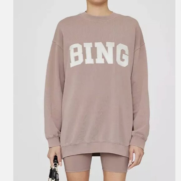 Anine Bing Oversized Tyler Satin Sweatshirt in Washed Iron Tan Size XS - Picture 1 of 9
